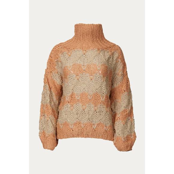 NEW POL open-knit chunky turtleneck sweater in beige papaya stripe - Picture 1 of 3
